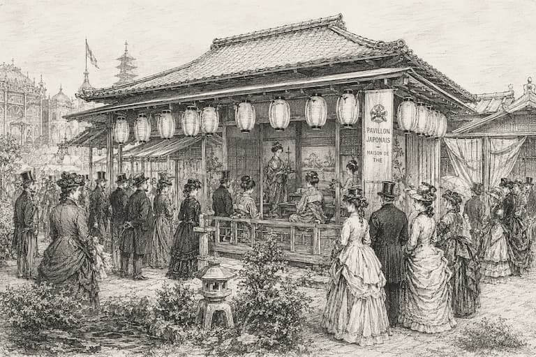 The Geisha That Never Existed — And What She Was Replaced With Historical illustration of the 1867 Paris Exposition Universelle Japanese pavilion, with a tea house and traditional Japanese architecture