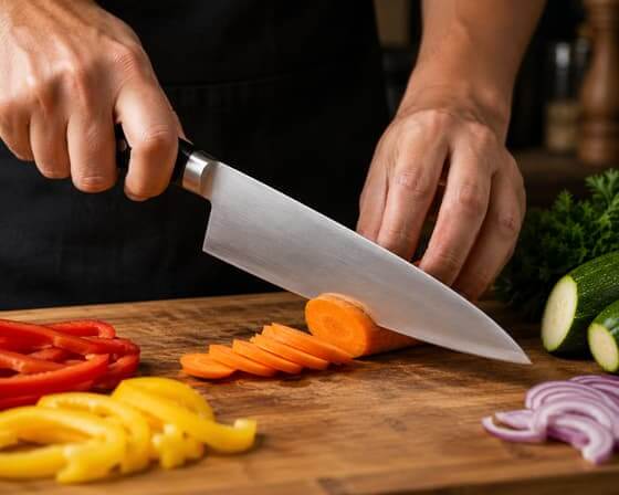 Japanese Kitchen Knife Recommendations: Santoku, Yanagiba & Gyuto Gyuto chef's knife slicing through vegetables on a wooden cutting board