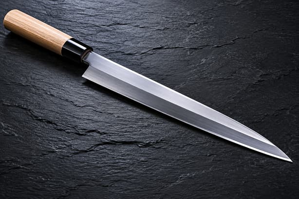 Japanese Kitchen Knife Recommendations: Santoku, Yanagiba & Gyuto Long Yanagiba sashimi knife with single bevel blade on a dark slate surface