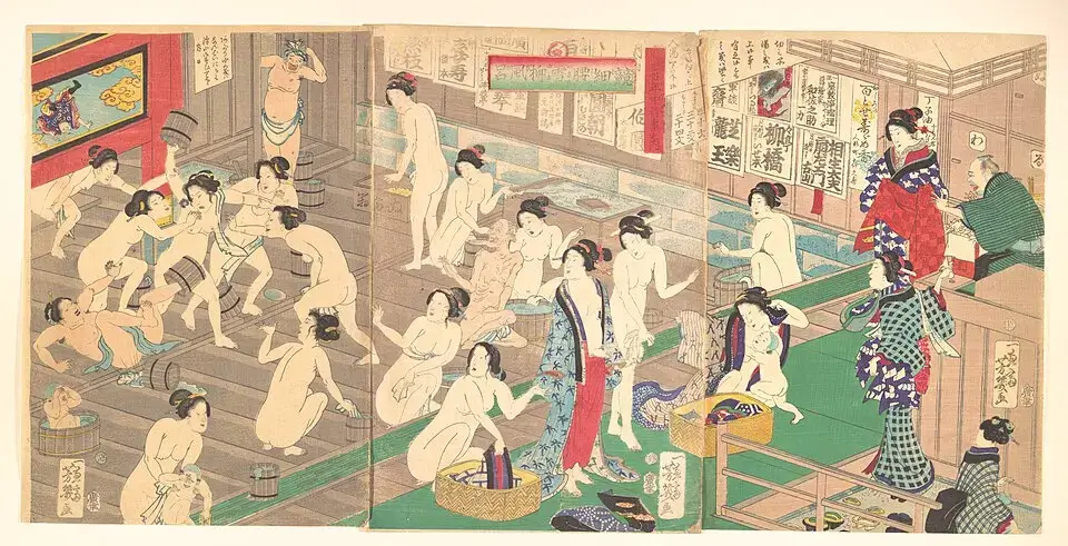 The Onsen Paradox: Why Japanese People Aren’t Embarrassed to Bathe Naked Together Utagawa Yoshiiku ukiyo-e woodblock print depicting Japanese bathhouse scene, Edo period