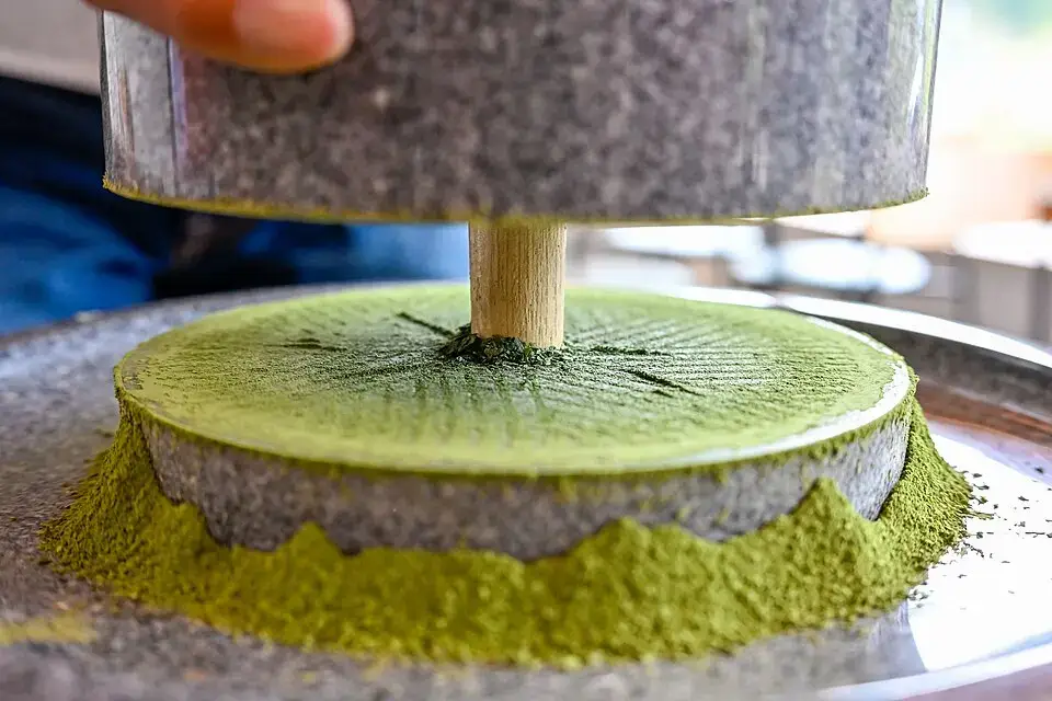 What I Learned Before Making Matcha at Home Traditional stone mill grinding tencha leaves into matcha powder