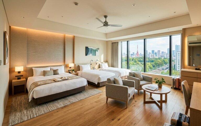 Family hotel room in Tokyo with a double bed and 2 single beds