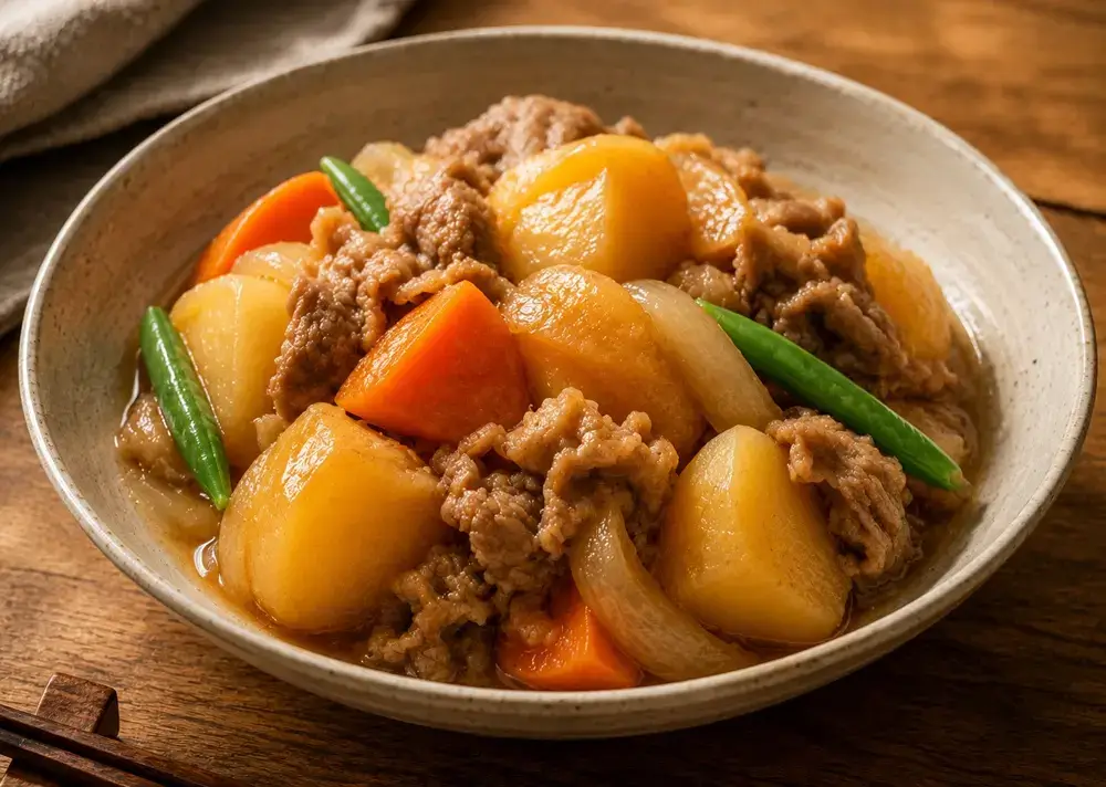Japanese Pantry Essentials: 6 Seasonings for Everyday Japanese Recipes Nikujaga, Japanese simmered beef and potatoes, in a bowl