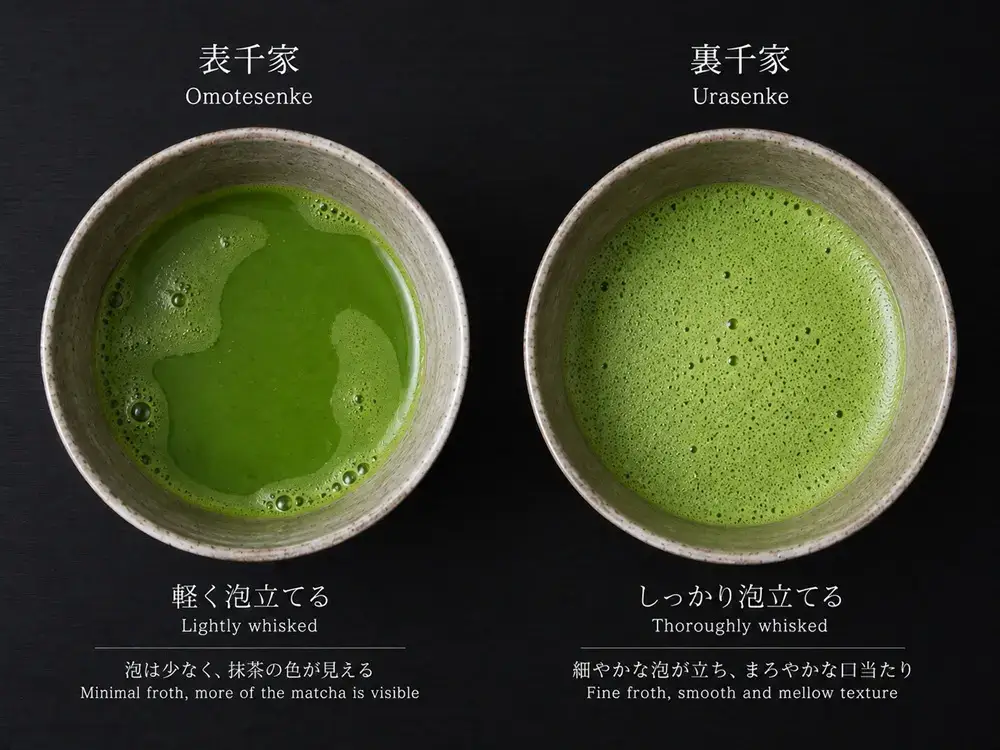 How to Choose an Authentic Japanese Chasen (And Why They're So Hard to Find) Comparison of foam texture between Omotesenke and Urasenke style matcha