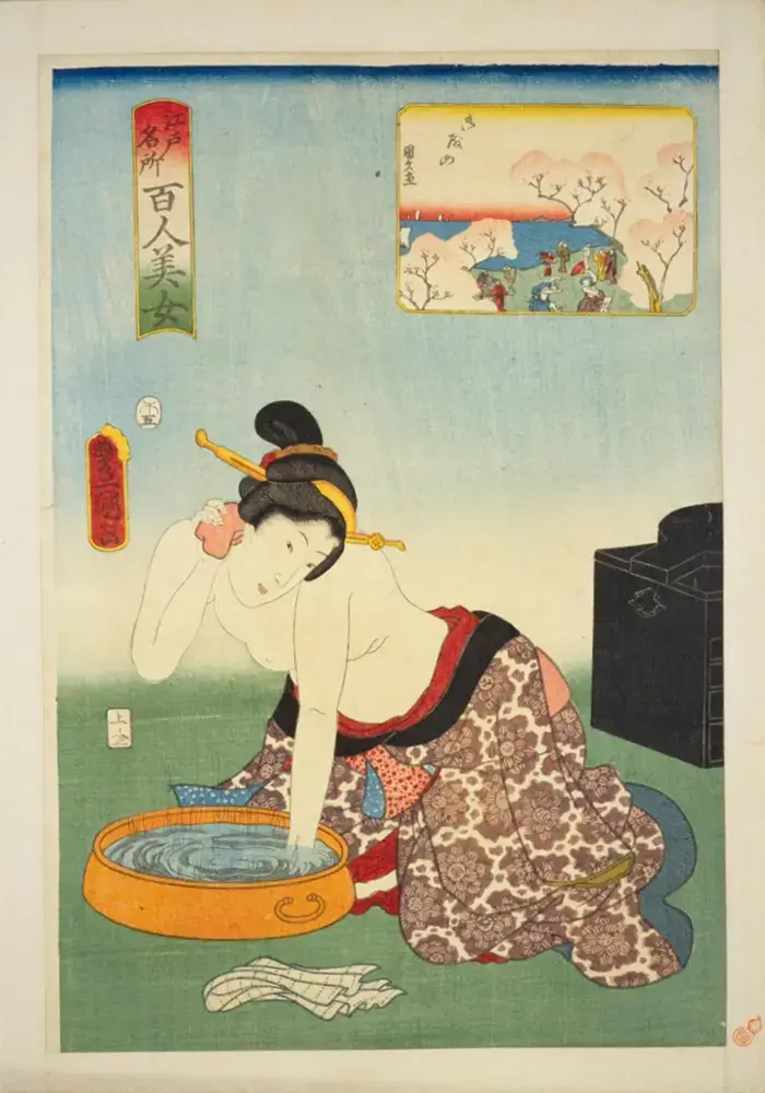 Centuries of Beauty Wisdom Meets Modern Science: Japanese Rice Bran Skincare Utagawa Kunisada ukiyo-e showing an Edo-period woman using a nuka-bukuro rice bran pouch
