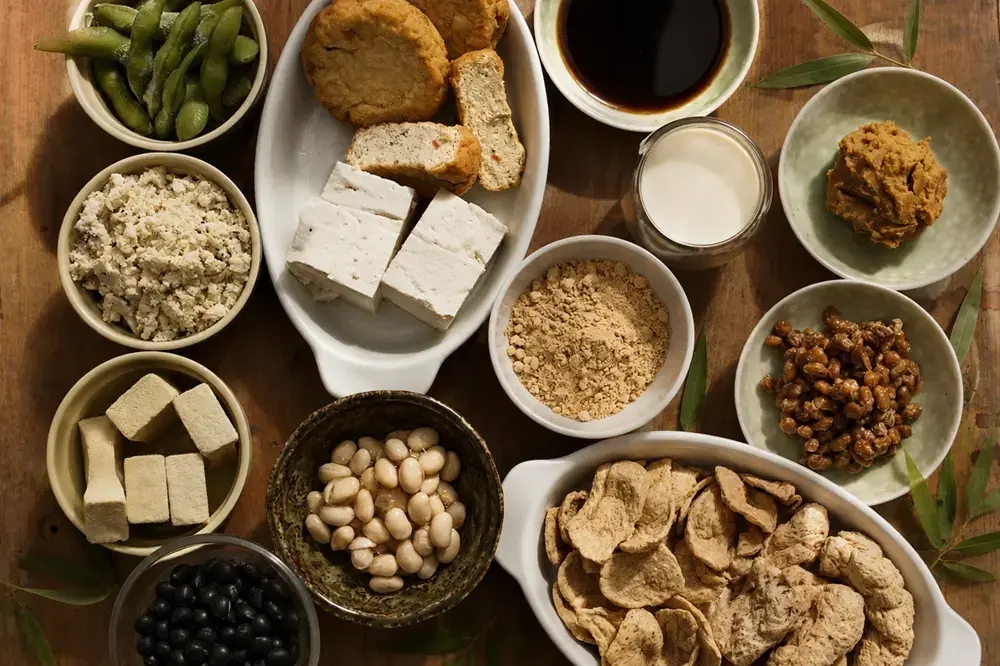 Why Soy Keeps Showing Up in Today’s Biggest Food and Health Trends A variety of soy foods including tofu, natto, edamame, kinako and soy milk arranged on a wooden table